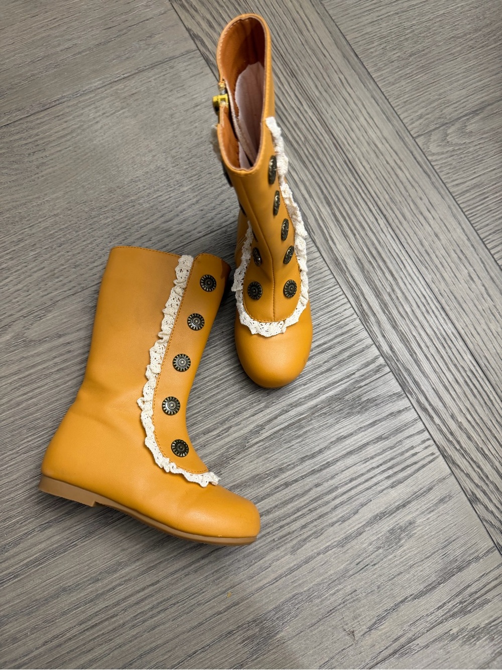Liv & Mia Girls' Leather Camel/Mustard Lace-Trim Mid-Calf Boots - Kids Shoes
